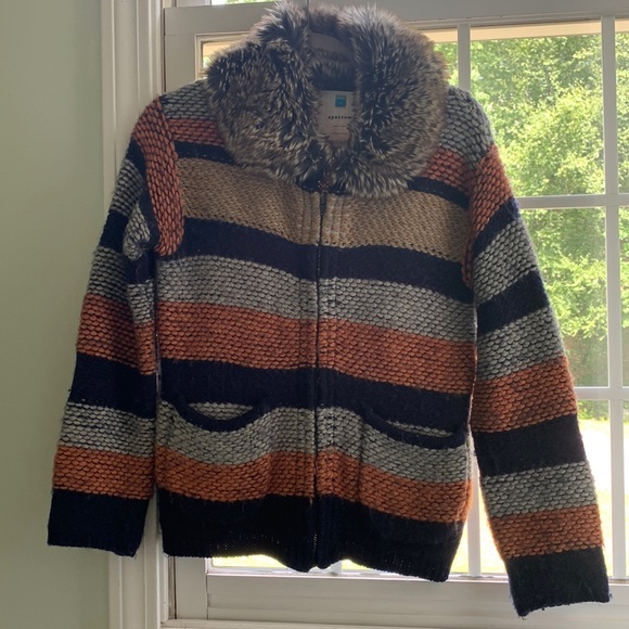 Anthropologie Striped Fur Collar Zip Up Cardigan Sweater - Picture 2 of 6